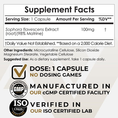 Matrine Capsules | 100mg | 98% | Sophora flavescens Extract | 60 ct