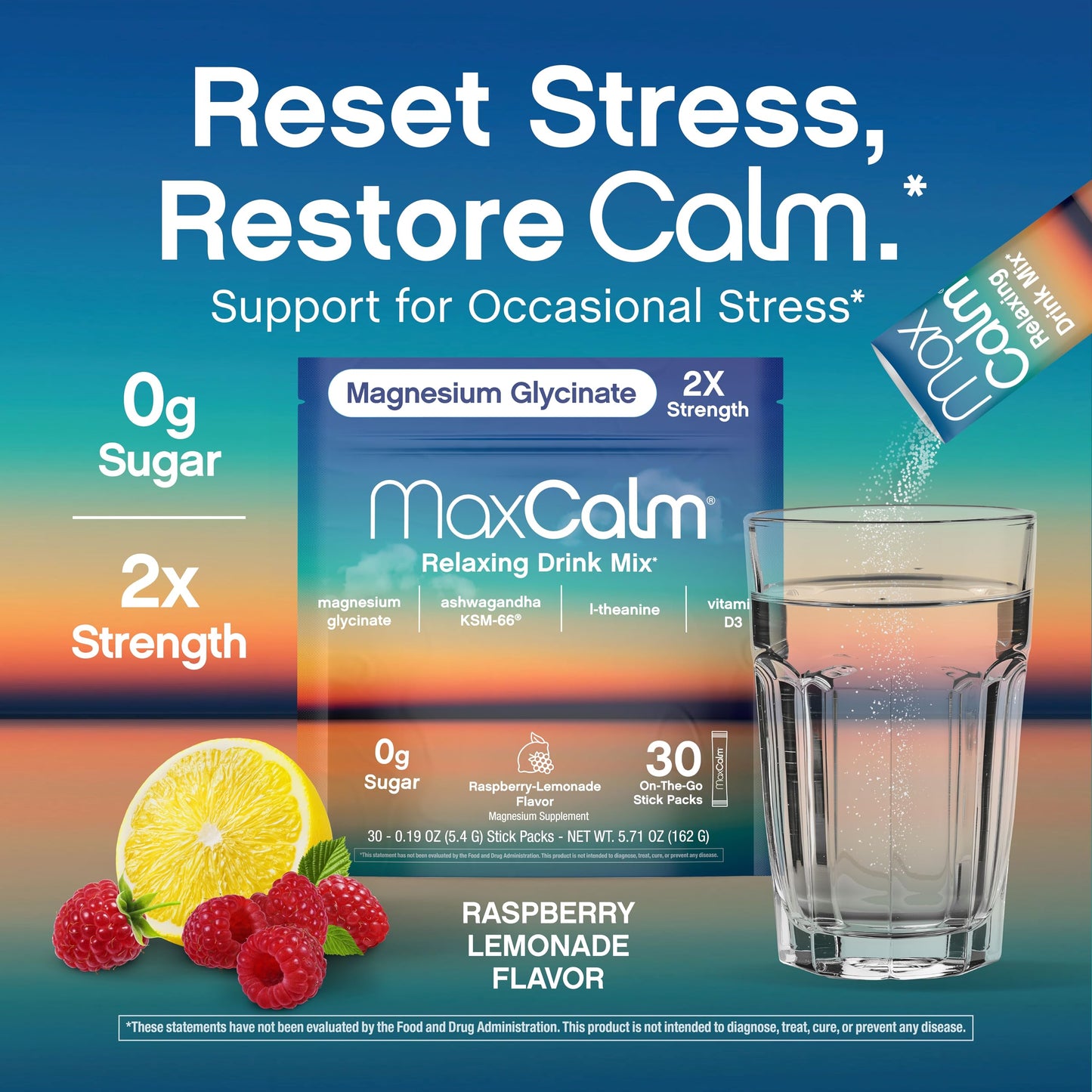 Max Calm Relaxing Drink Mix – Raspberry-Lemonade | Magnesium Glycinate & KSM-66 | 30 Packets