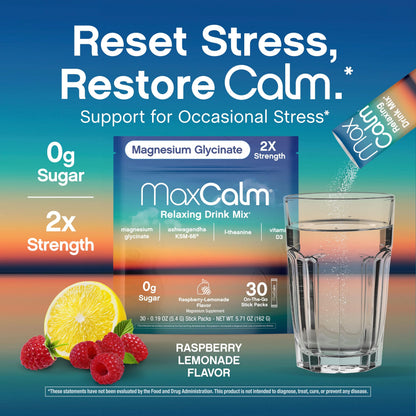 Max Calm Relaxing Drink Mix – Raspberry-Lemonade | Magnesium Glycinate & KSM-66 | 30 Packets