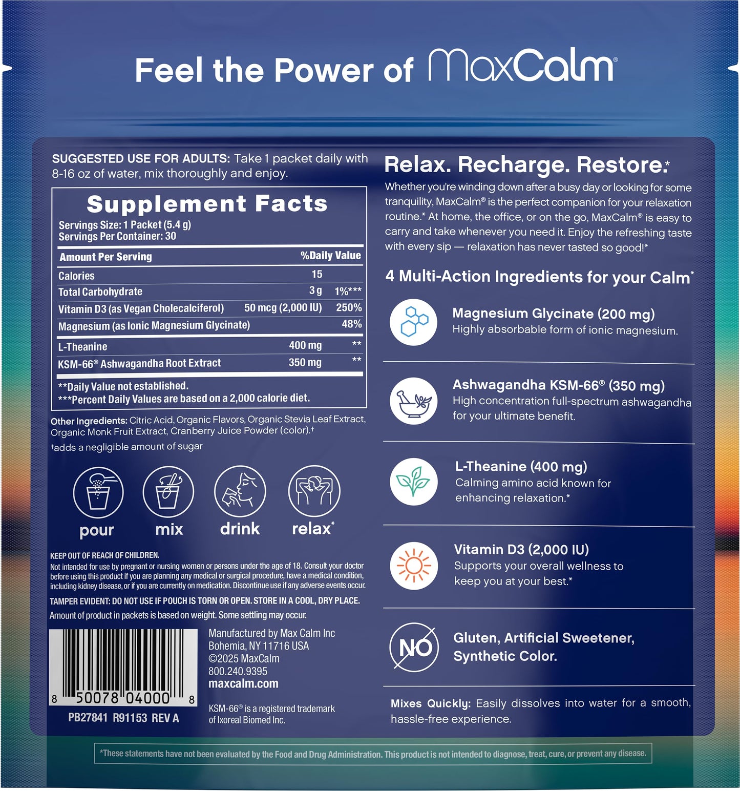 Max Calm Relaxing Drink Mix – Raspberry-Lemonade | Magnesium Glycinate & KSM-66 | 30 Packets