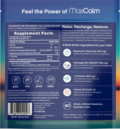 Max Calm Relaxing Drink Mix – Raspberry-Lemonade | Magnesium Glycinate & KSM-66 | 30 Packets