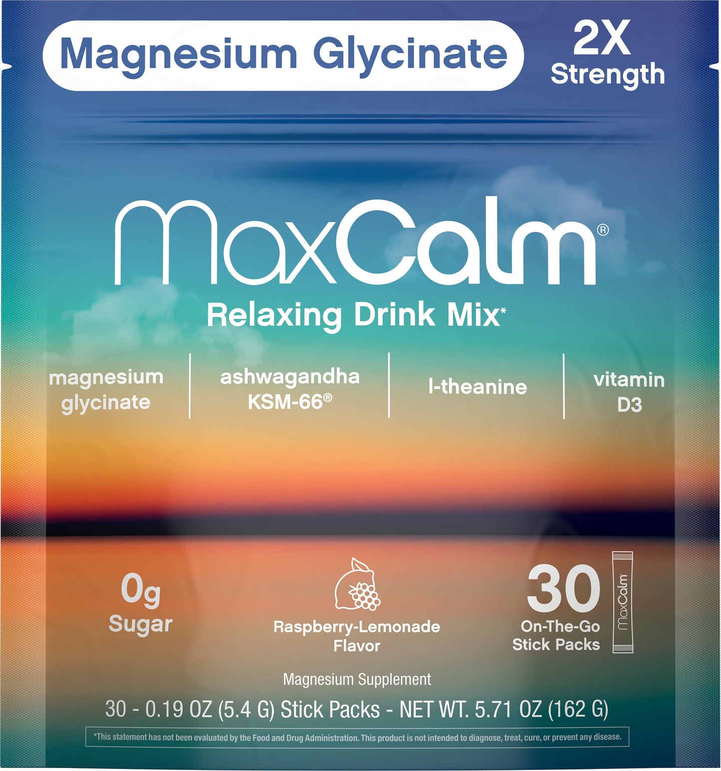 Max Calm Relaxing Drink Mix – Raspberry-Lemonade | Magnesium Glycinate & KSM-66 | 30 Packets