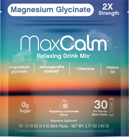 Max Calm Relaxing Drink Mix – Raspberry-Lemonade | Magnesium Glycinate & KSM-66 | 30 Packets