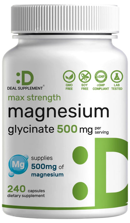 Max Strength Magnesium Glycinate 500mg | 240 Capsules | Chelated & Easy Absorption