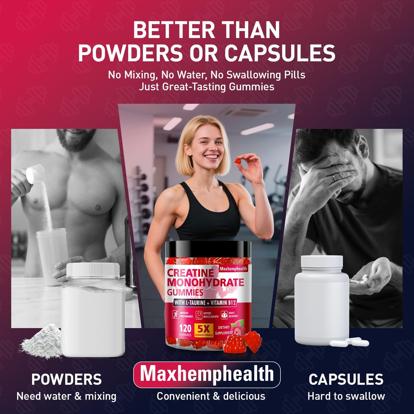 Maxhemphealth Creatine Monohydrate Gummies – Pre-Workout, Raspberry, 120 Count