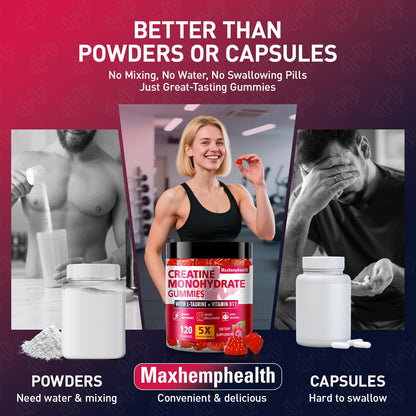 Maxhemphealth Creatine Monohydrate Gummies – Pre-Workout, Raspberry, 120 Count