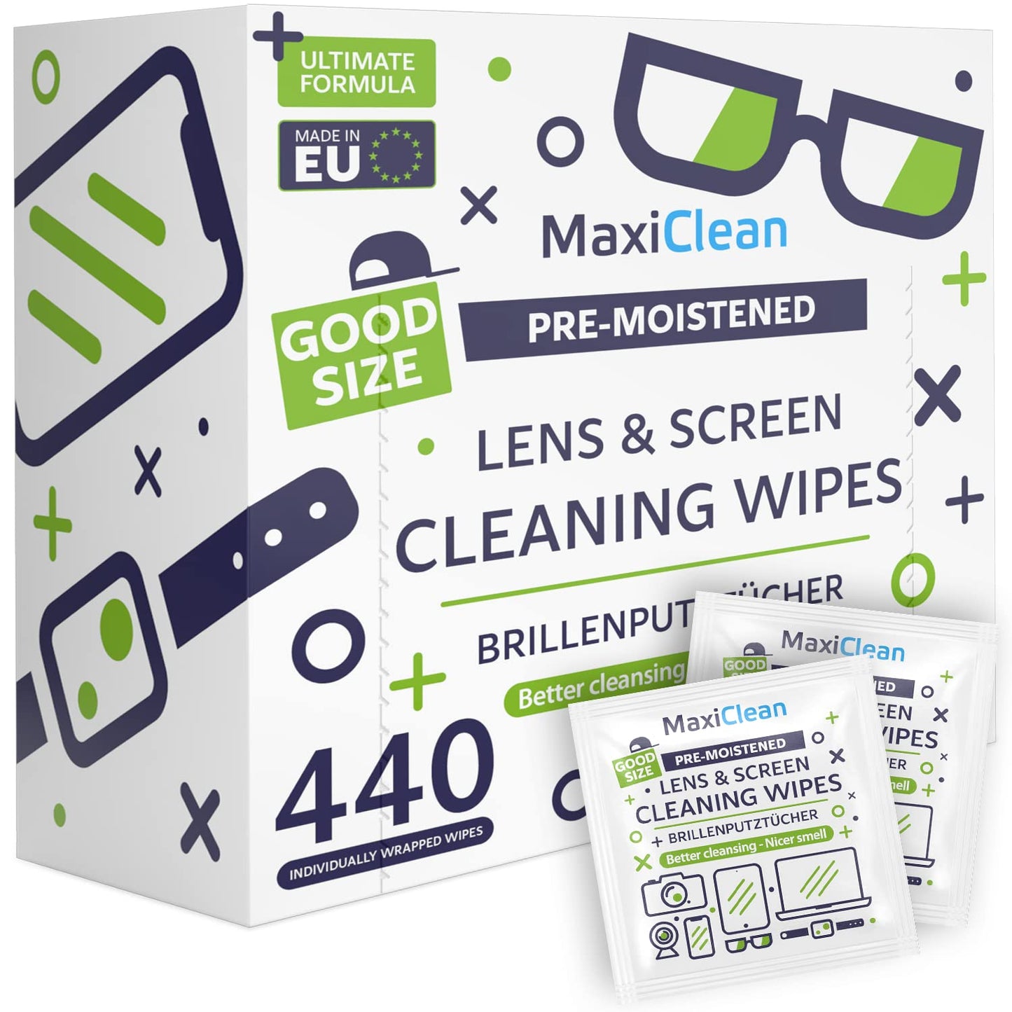 MAXI CLEAN 440 Pack Lens Wipes – Pre-Moistened Eyeglasses & Screens Cleaner