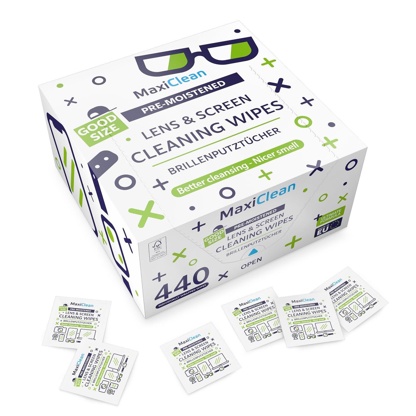 MAXI CLEAN 440 Pack Lens Wipes – Pre-Moistened Eyeglasses & Screens Cleaner