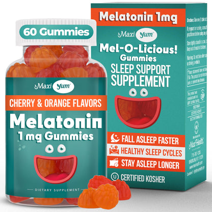 Maxi Health 1mg Melatonin Gummies – Kids Sleep Aid with Cherry & Orange Flavor (60 Count)