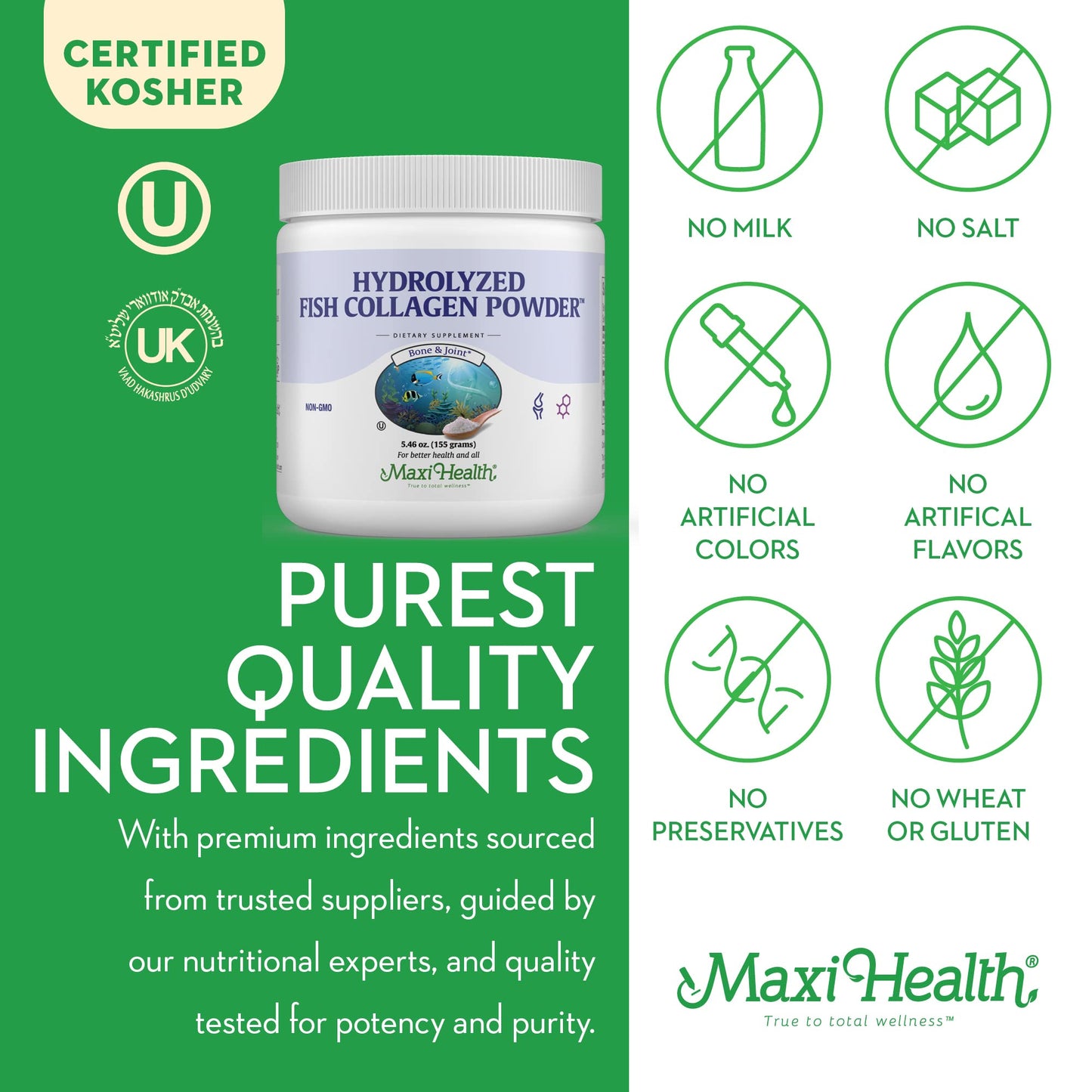 Maxi Health Collagen Peptides Powder – Marine Type I Unflavored Collagen for Joints, Skin, Hair & Nails (5.46 oz)