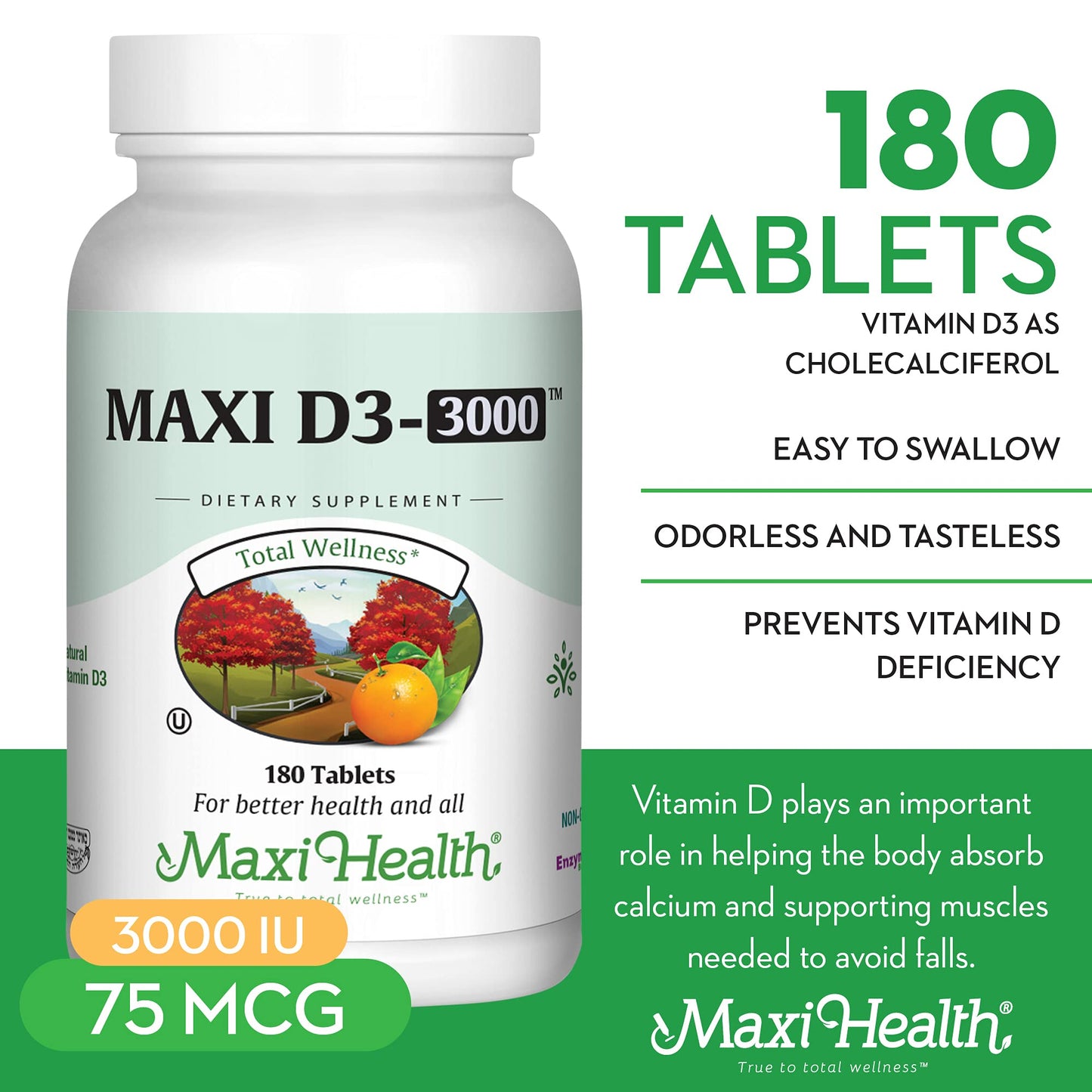 Maxi Health Vitamin D3 3000 IU (75 mcg) – 180 Tablets | Kosher, Non-GMO