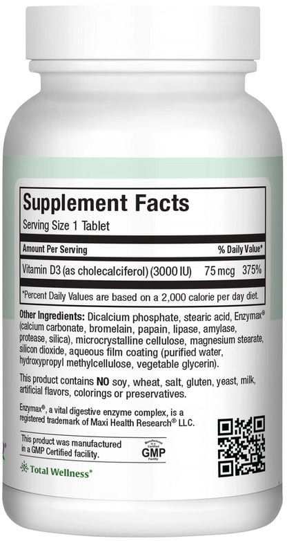 Maxi Health Vitamin D3 3000 IU (75 mcg) – 180 Tablets | Kosher, Non-GMO