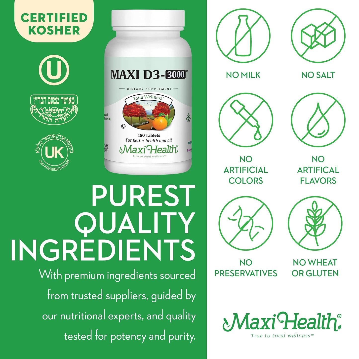 Maxi Health Vitamin D3 3000 IU (75 mcg) – 180 Tablets | Kosher, Non-GMO