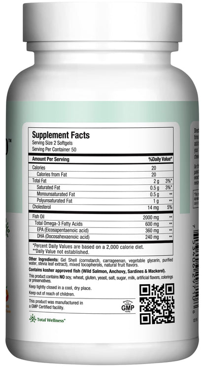Maxi Health Fish Oil 2000mg – Omega-3 EPA/DHA Supplement for Adults & Kids | Fruity Burst | Kosher | 100 Softgels