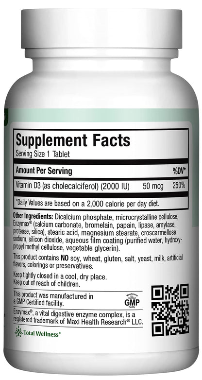 Maxi Health Vitamin D3 2000IU Kosher | 180 Tablets | Immune & Bone Support