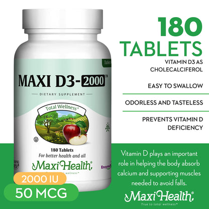 Maxi Health Vitamin D3 2000IU Kosher | 180 Tablets | Immune & Bone Support