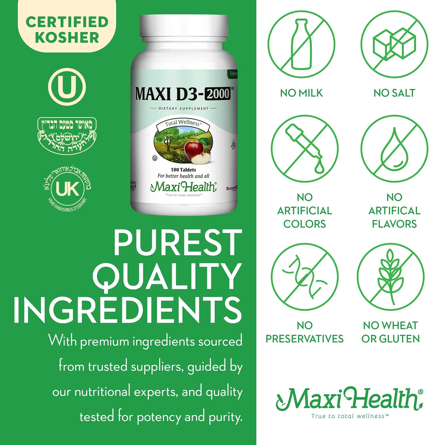 Maxi Health Vitamin D3 2000IU Kosher | 180 Tablets | Immune & Bone Support