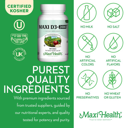 Maxi Health Vitamin D3 2000IU Kosher | 180 Tablets | Immune & Bone Support
