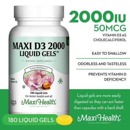 Maxi Health Kosher Vitamin D3 2000IU - 180 Liquid Gel | Immune Support & Bone Health