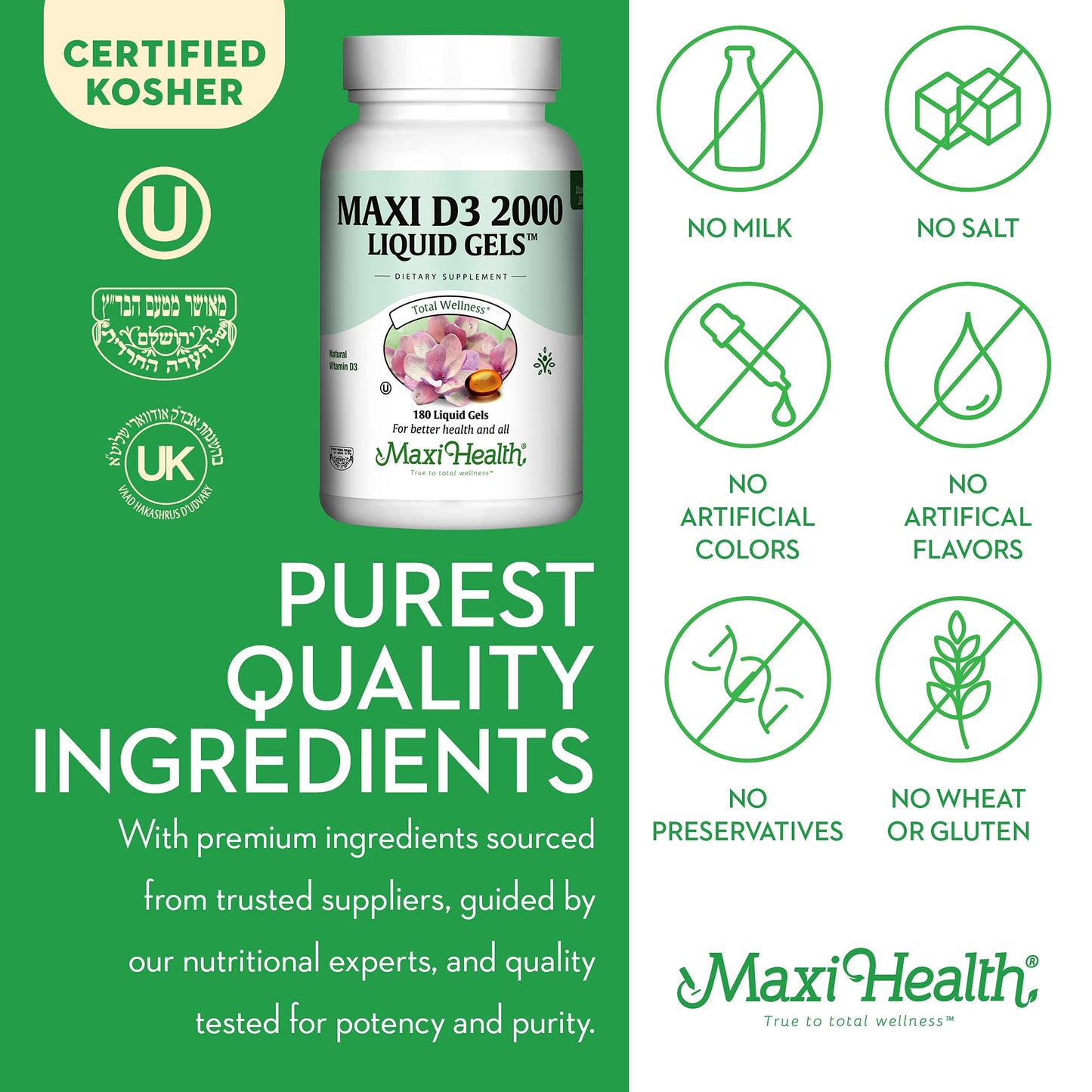 Maxi Health Kosher Vitamin D3 2000IU - 180 Liquid Gel | Immune Support & Bone Health