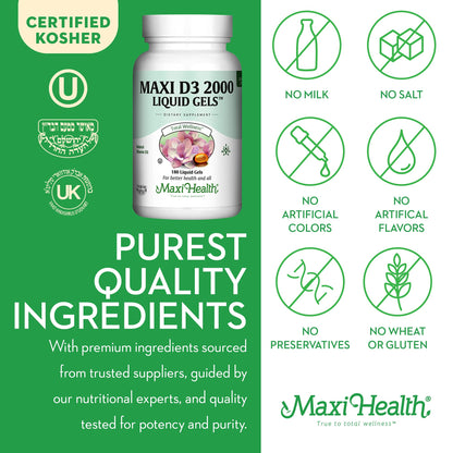 Maxi Health Kosher Vitamin D3 2000IU - 180 Liquid Gel | Immune Support & Bone Health
