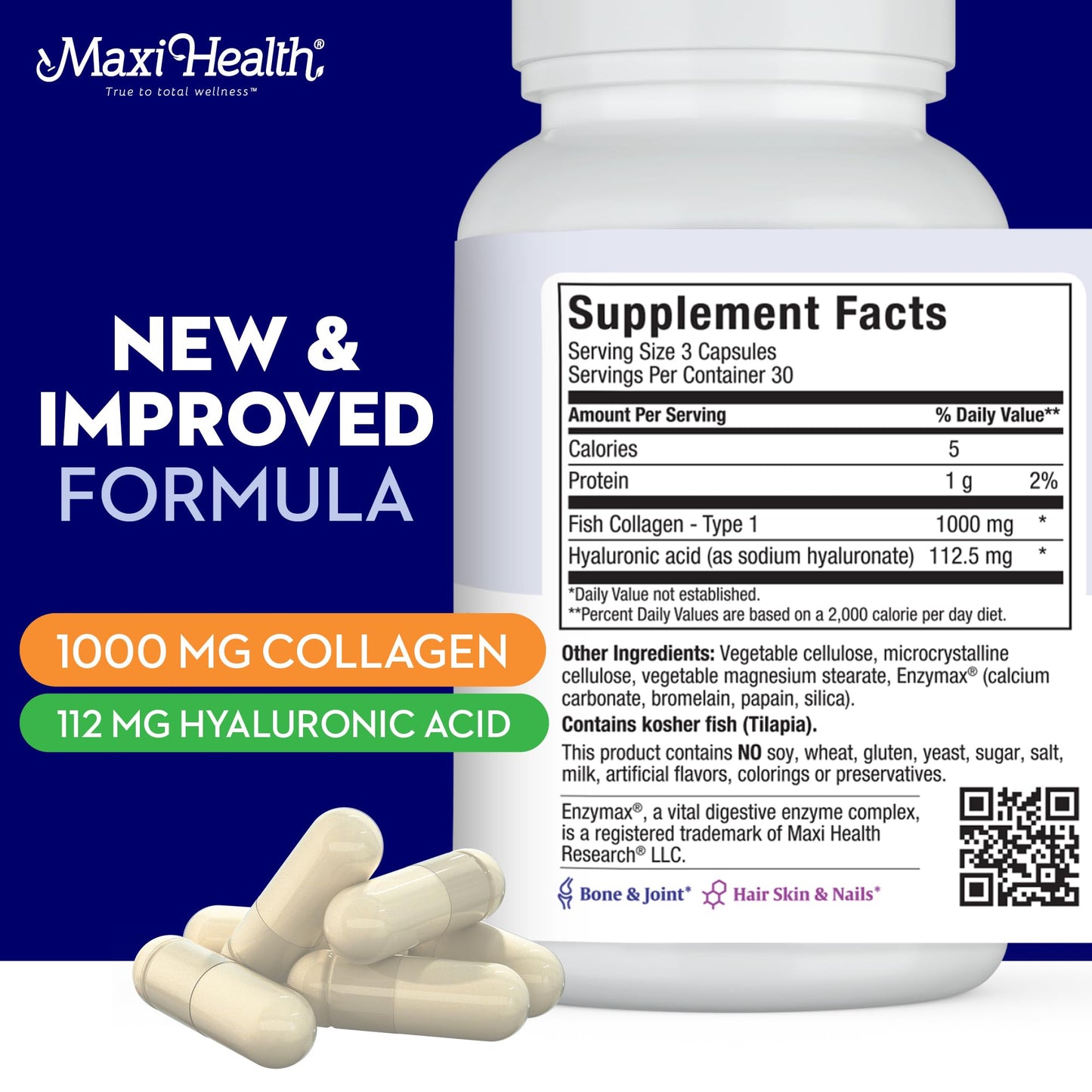Maxi Health Marine Collagen Pills – 1000 mg Type 1 Collagen + Hyaluronic Acid (90 Maxicaps)