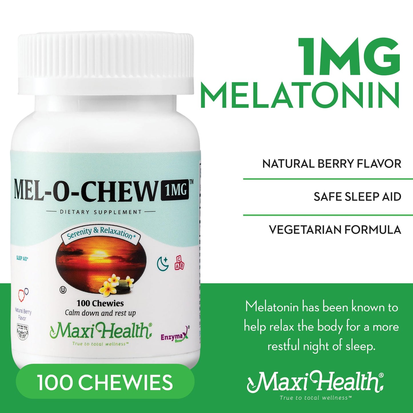Maxi Health Mel-O-Chew 1mg Melatonin – Fast-Acting Sleep Aid with Enzymax | Kosher (100 Units)