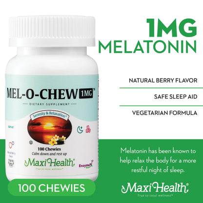Maxi Health Mel-O-Chew 1mg Melatonin – Fast-Acting Sleep Aid with Enzymax | Kosher (100 Units)