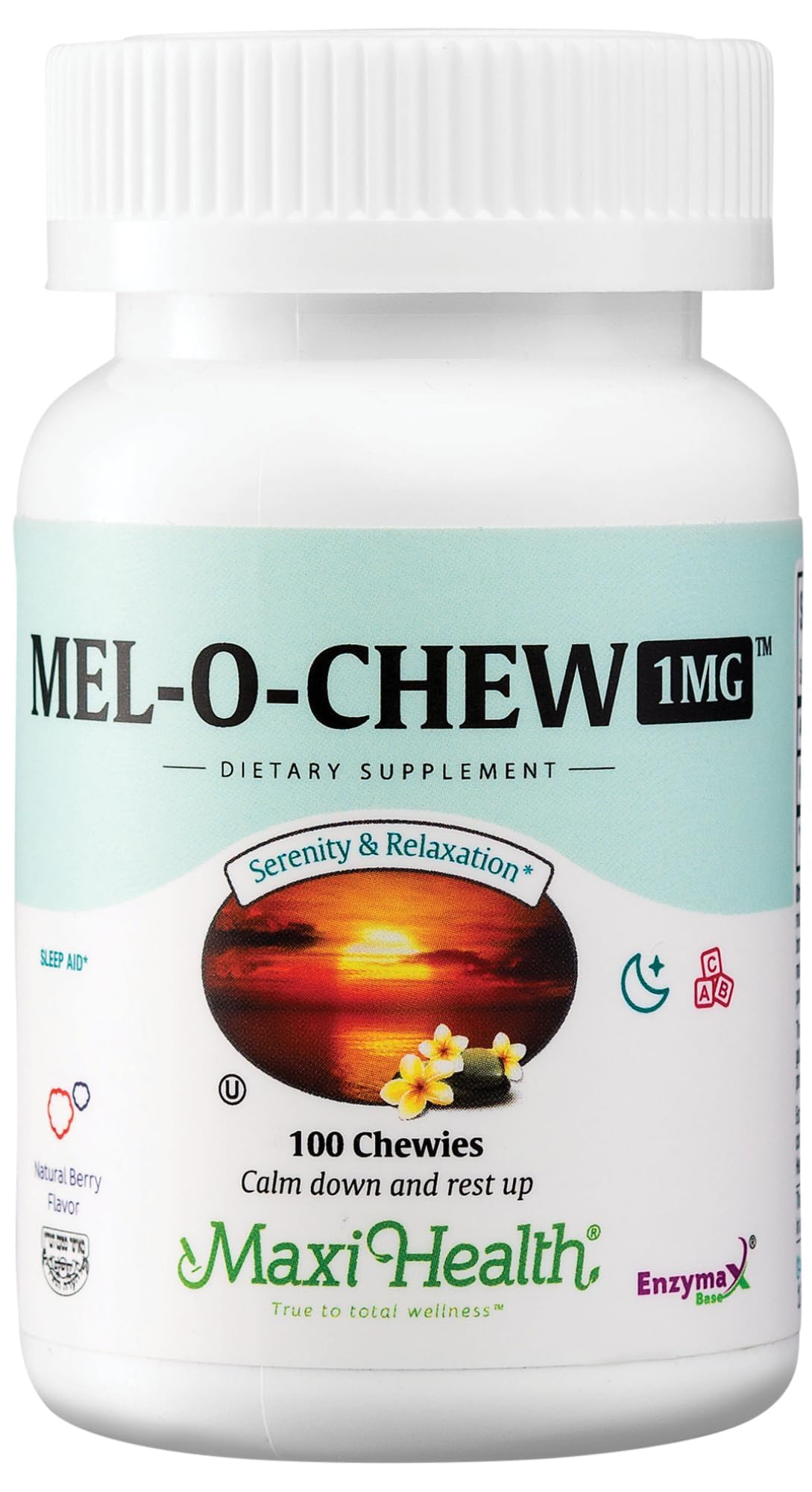 Maxi Health Mel-O-Chew 1mg Melatonin – Fast-Acting Sleep Aid with Enzymax | Kosher (100 Units)