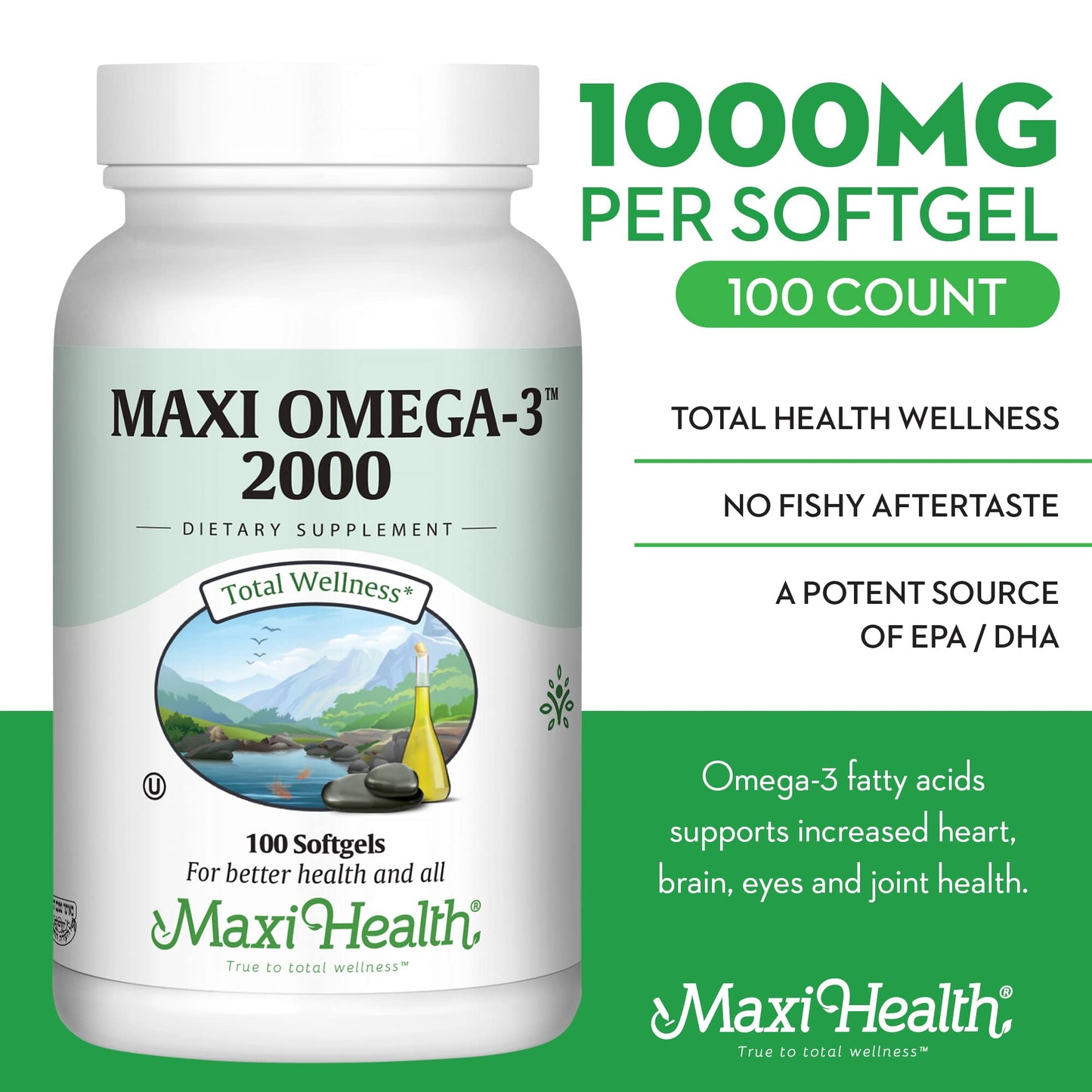 Maxi Health Omega 3 2000mg - Triple Strength Fish Oil with No Fishy Aftertaste | Kosher, 100 Softgels