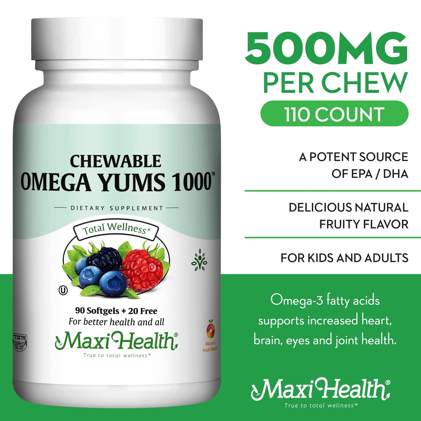 Maxi Health Omega Yums 1000 – Kid-Friendly Fruity Burst Omega-3 Gummies (110 Softgels) | Kosher