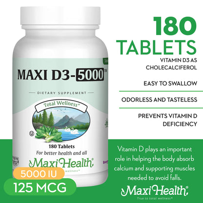 Maxi Health Vitamin D3 5000 IU – High Potency D3 (180 Tablets)