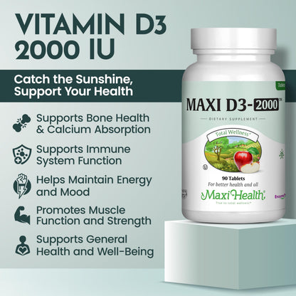 Maxi-Health Vitamin D3 2000 IU - For Healthy Muscle Function, Bone Health and Immune Support – 90 Tablets – Best Kosher Supplement For Adults