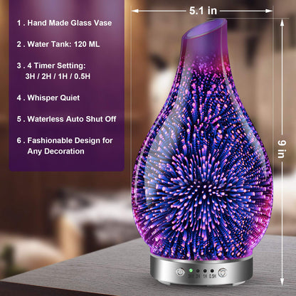 MAXWINER 120ml Ultrasonic 3D Glass Essential Oil Diffuser – Auto Shut-Off, 7 Color LED