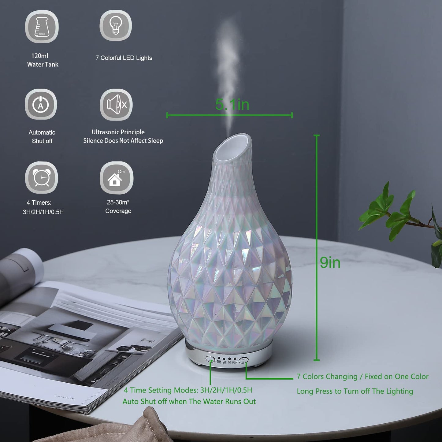 MAXWINER Essential Oil Diffuser – Handmade Art Glass, Ultrasonic Humidifier, 7-Color LED Lights, 120ml