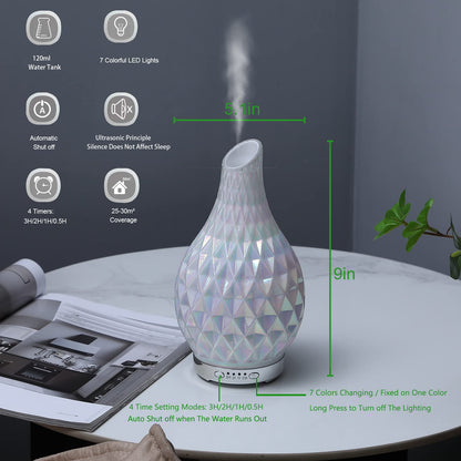 MAXWINER Essential Oil Diffuser – Handmade Art Glass, Ultrasonic Humidifier, 7-Color LED Lights, 120ml