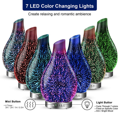 MAXWINER 120ml Ultrasonic 3D Glass Essential Oil Diffuser – Auto Shut-Off, 7 Color LED