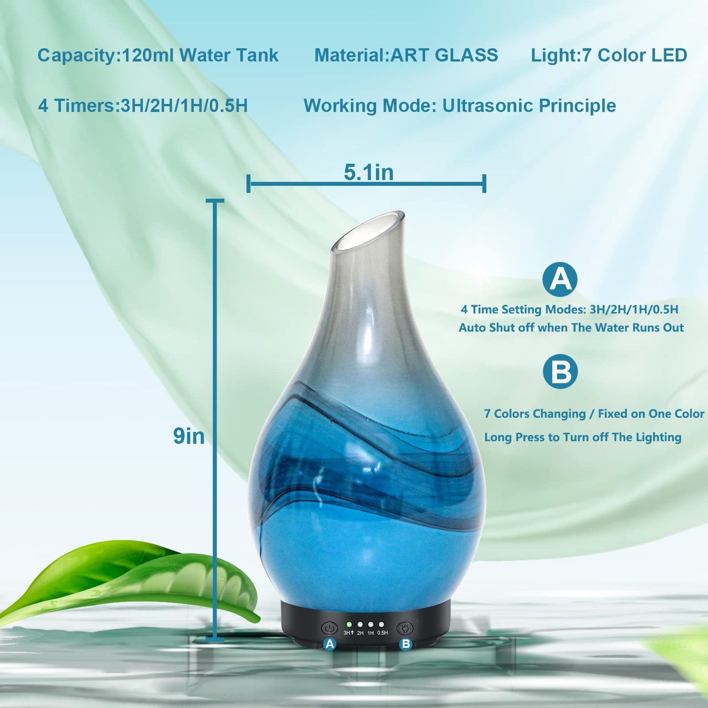 MAXWINER Essential Oil Diffuser – Handmade Art Glass, 7 Color Lights, Auto Shut-Off, 120ml