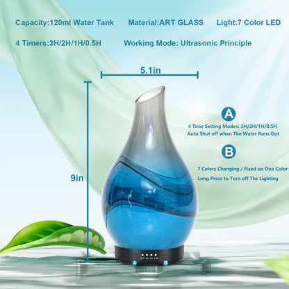 MAXWINER Essential Oil Diffuser – Handmade Art Glass, 7 Color Lights, Auto Shut-Off, 120ml