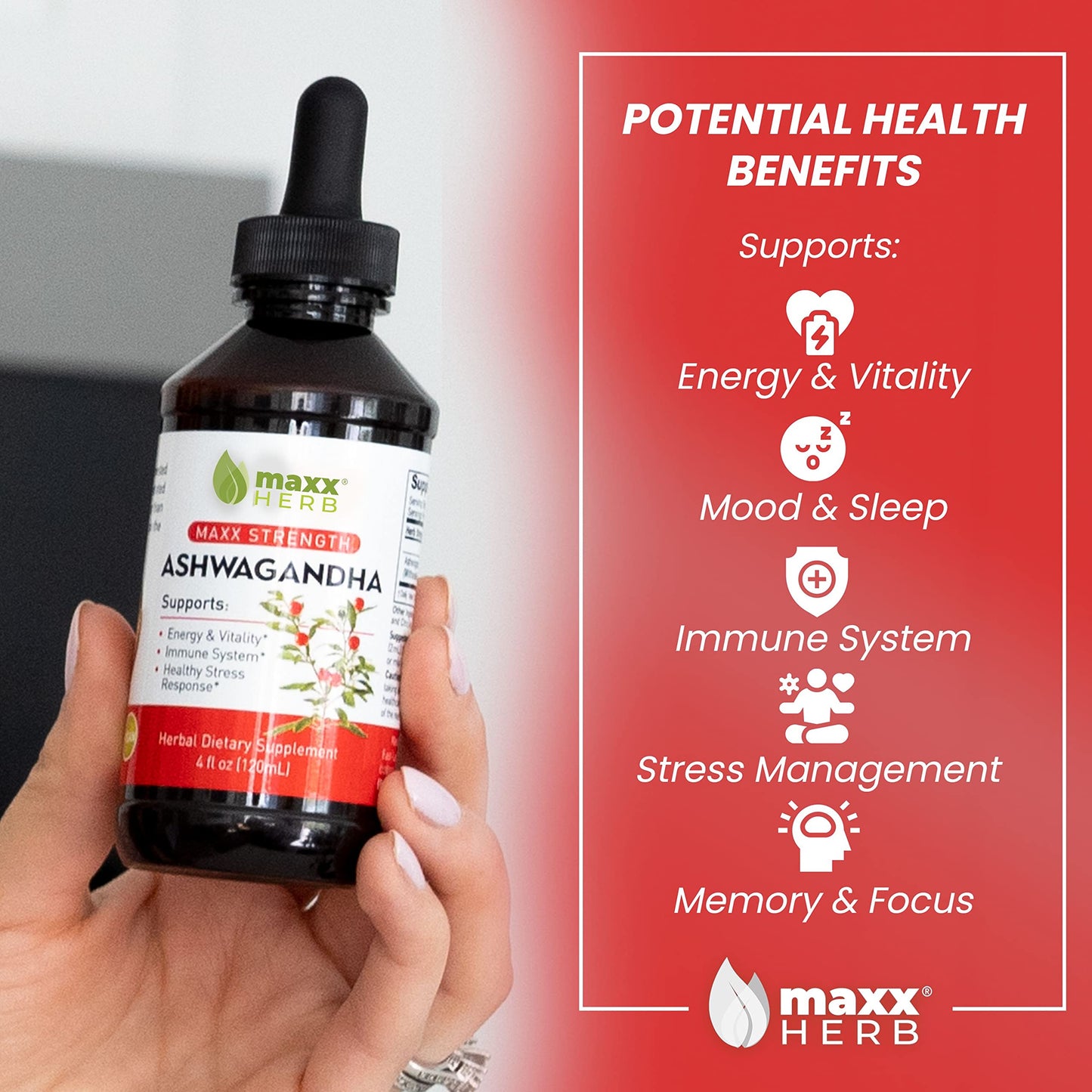 Maxx Herb Ashwagandha Extract – Max Strength Liquid Tincture, 4 oz (60 Servings)