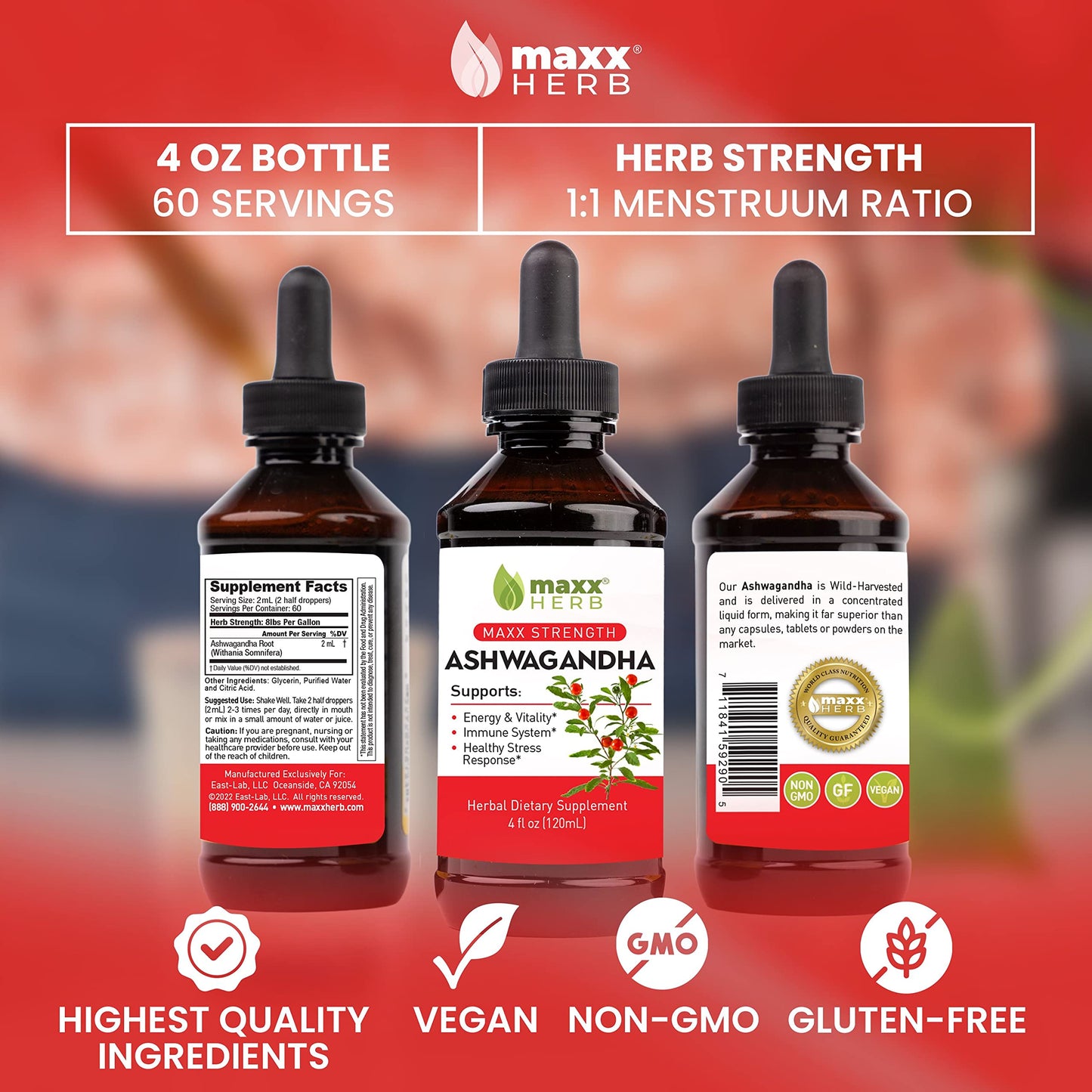 Maxx Herb Ashwagandha Extract – Max Strength Liquid Tincture, 4 oz (60 Servings)