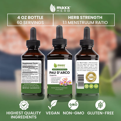 Maxx Herb PAU D'Arco Tincture - Max Strength PAU D'Arco Extract for Immune Support - 4 Oz Bottle