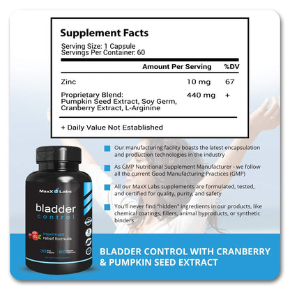 MaxX Labs Bladder Control Supplement - Overactive Bladder Pills with Cranberry, Pumpkin Seed Oil & Vitamin D3 | 60CT