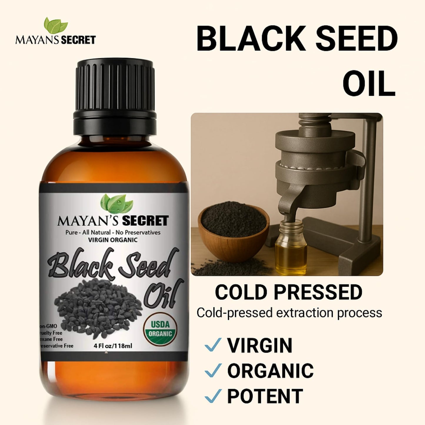 Mayan's Secret 4oz Cold-Pressed Black Cumin Seed Oil – Organic Virgin Nigella Sativa