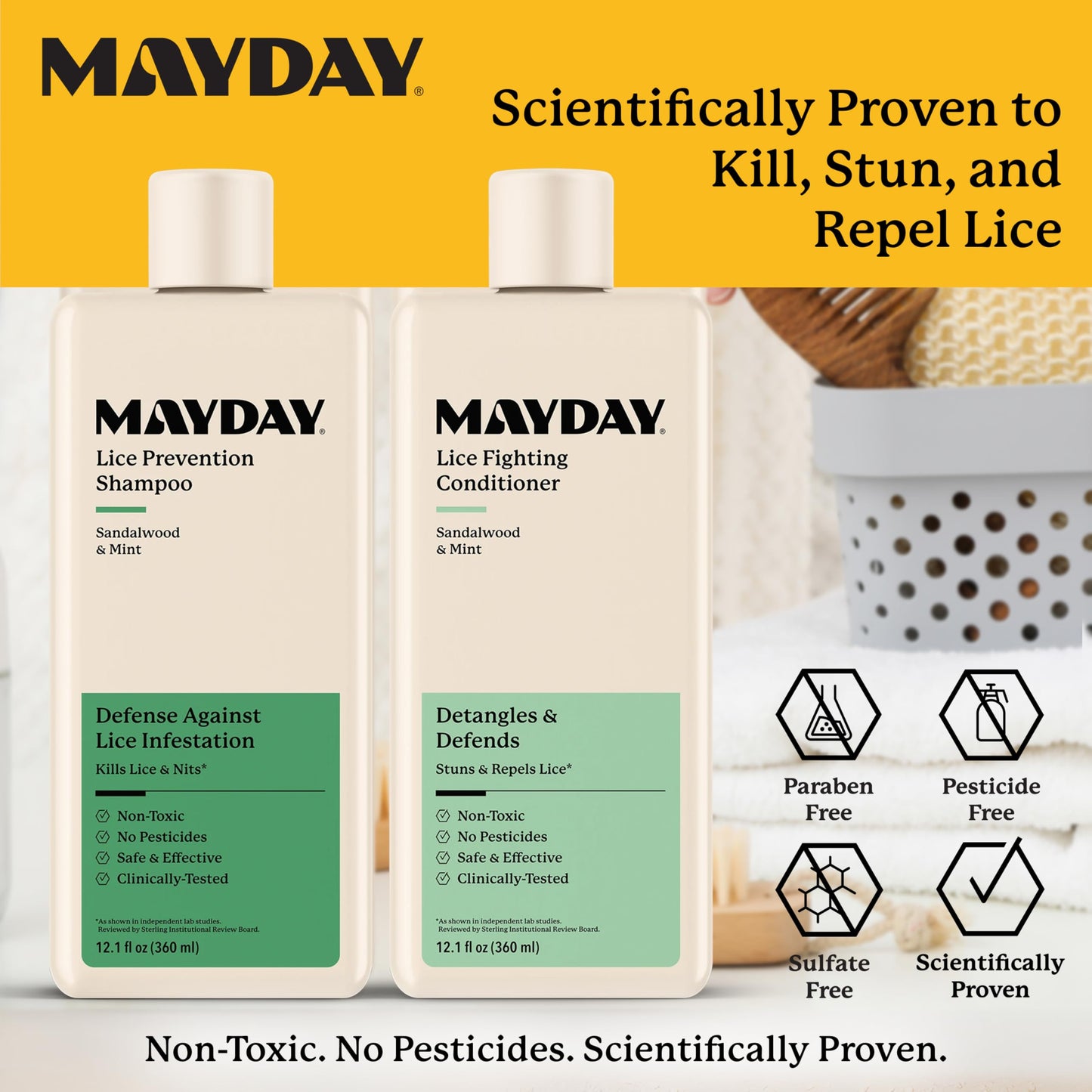 MAYDAY Daily Lice Routine Bundle – Non-Toxic 12oz Shampoo & 12oz Conditioner | Sandalwood & Mint