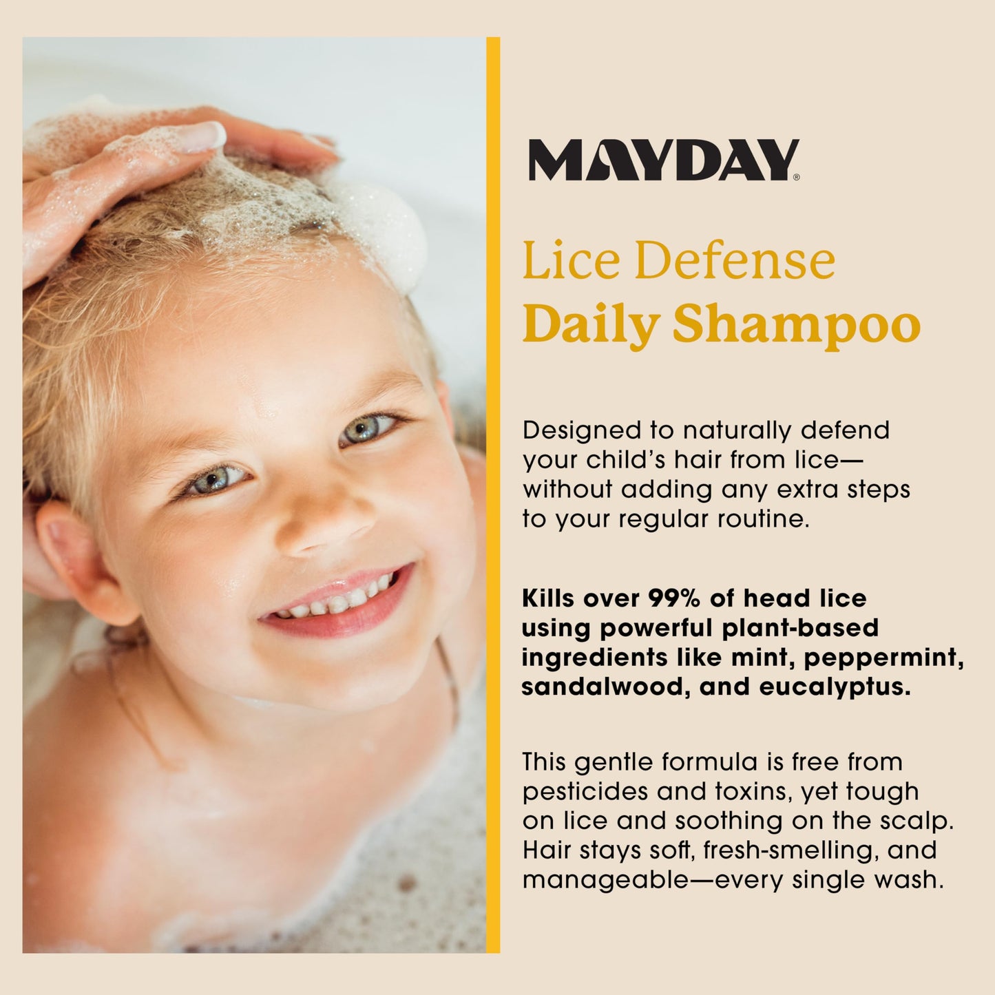 MAYDAY Lice Prevention Shampoo: Sandalwood & Mint, Non-Toxic (12oz)