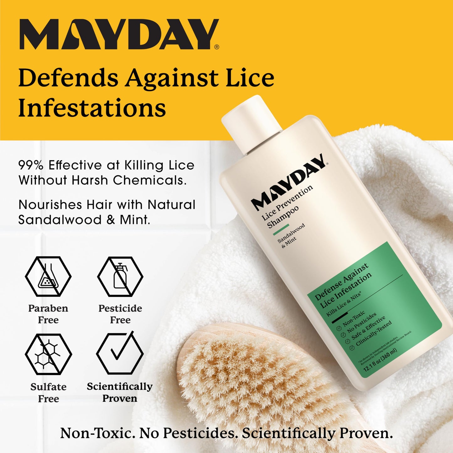 MAYDAY Lice Prevention Shampoo: Sandalwood & Mint, Non-Toxic (12oz)