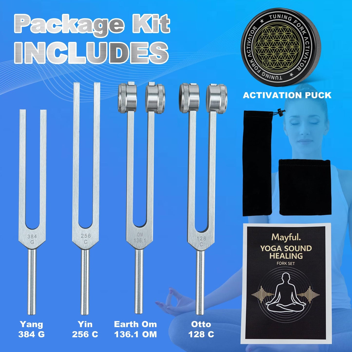Mayful Tuning Forks for Healing Set – 128Hz, 136Hz, 256Hz, 384Hz with Activator
