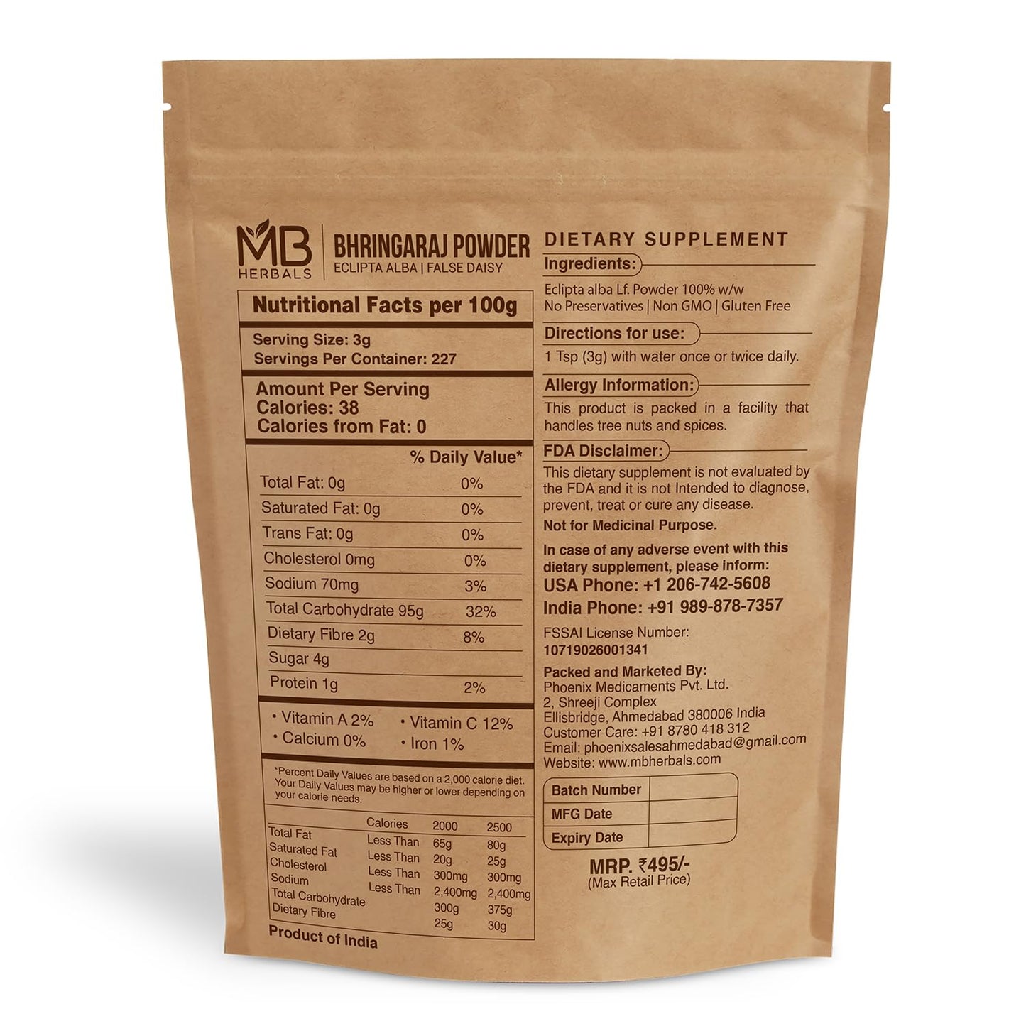MB Herbals Pure Bhringraj Powder 454g (16 oz) | 100% Pure Bhringaraj for Hair Care