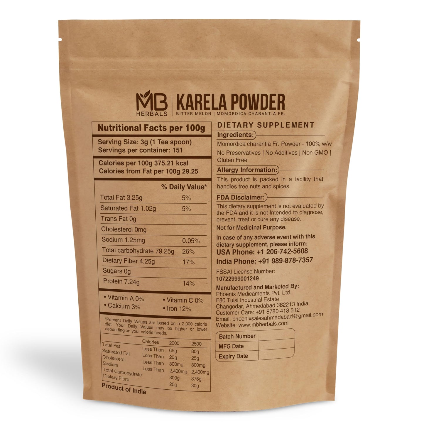 MB Herbals De-Seeded Karela Powder 454g (1 lb, 16 oz) - 100% Pure Bitter Melon, Non-GMO, Gluten Free